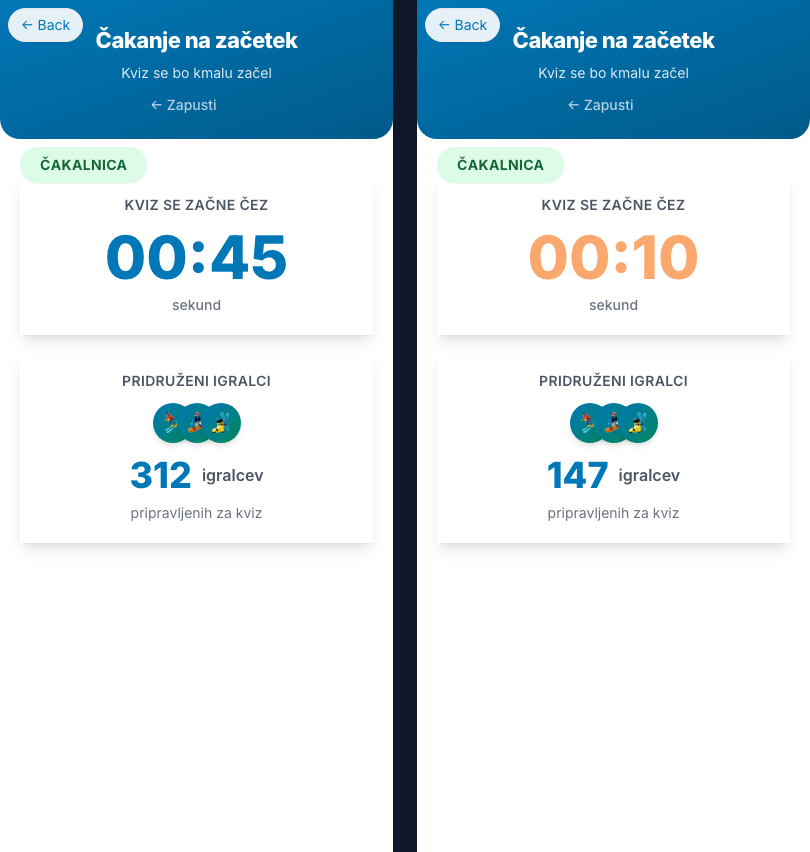 Olimpijski Kviz lobby screens: left shows a crowded lobby with participant emojis, right shows the countdown timer before quiz starts